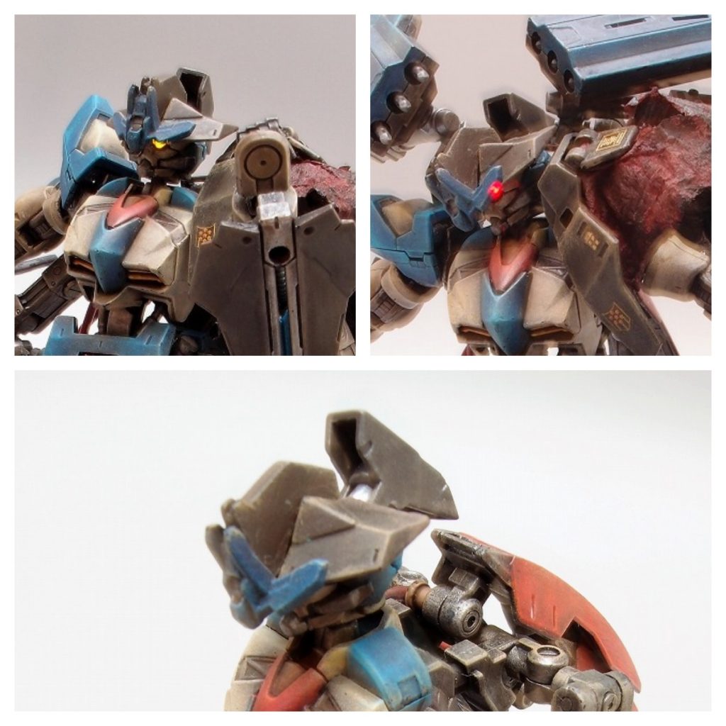 カメラアイは塗ってみたものの帽子の影でよく見えなかったので後頭部に穴を開けてミライトをぶち込むやり方に変更。色も変えれて一石二鳥。ミライトが少々はみ出るのでマゲ風のカバーを追加しサムライウェスタン感も得ました。