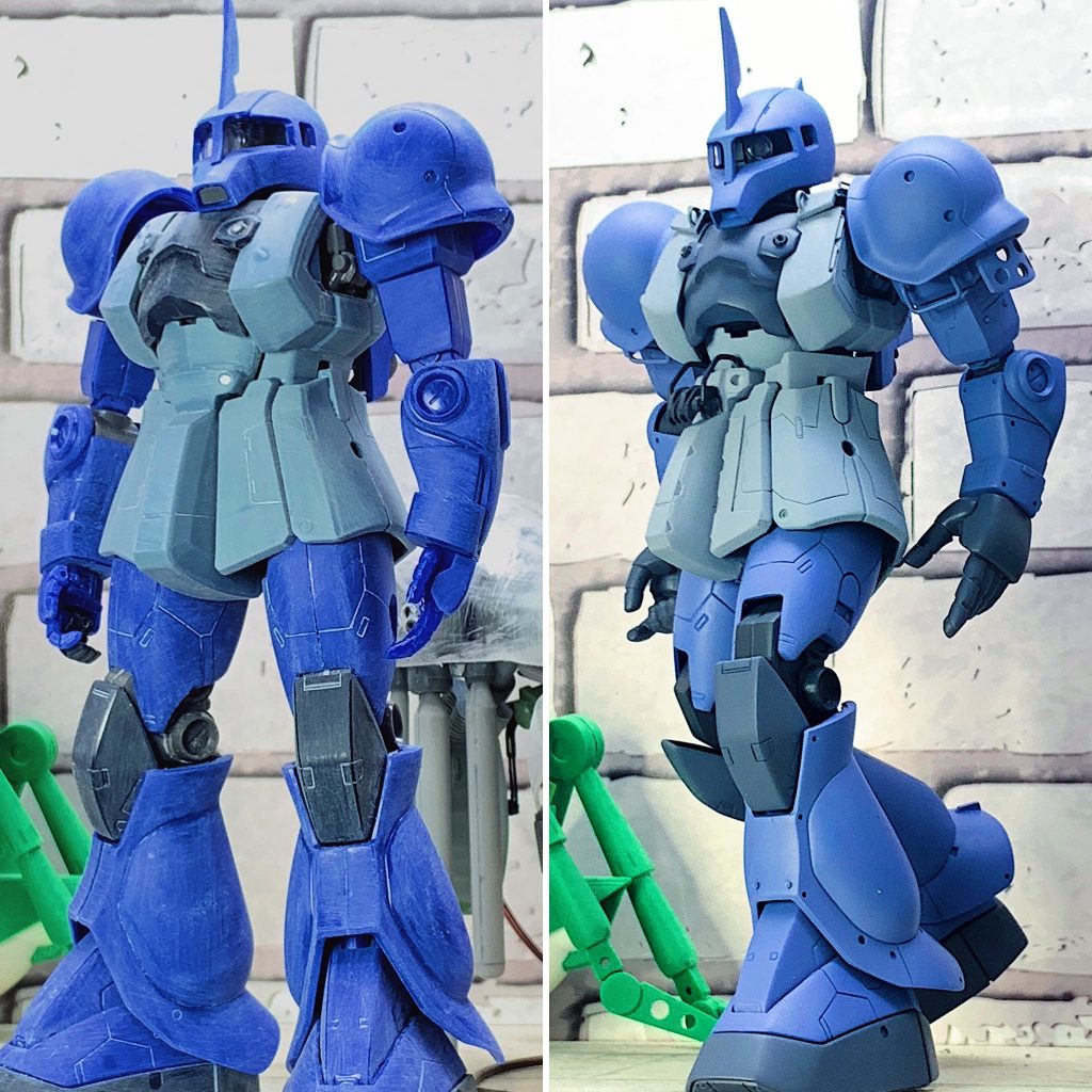 素組とサフ後の比較ですが、マッシブ感を軽減させて動きが感じられやすい様に腰の関節を増設してます。