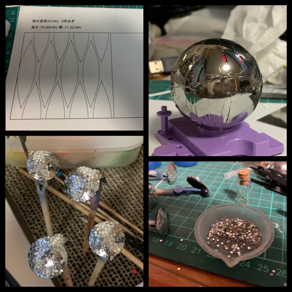 ハセガワの[.ミラーフィニッシュ](http://www.hasegawa-model.co.jp/hp/catalog/tf_series/tf1.html)を貼り付け、鏡面にした上で、手足の蓋部分にはネイルアート用のミラーチップを貼り付けてミラーボール のような光の反射が起きるようにしました。

ハロそのものより高いミラーフィニッシュを贅沢に使ったのですが、球面にきれいに貼り付けると無理ゲーで、見ての通りのシワシワです…😞

それでもかなり映り込むので、写真撮影時は余計なものが映らないように気をつかうし…！

## ステージ

プラ板等を使って作成しました。