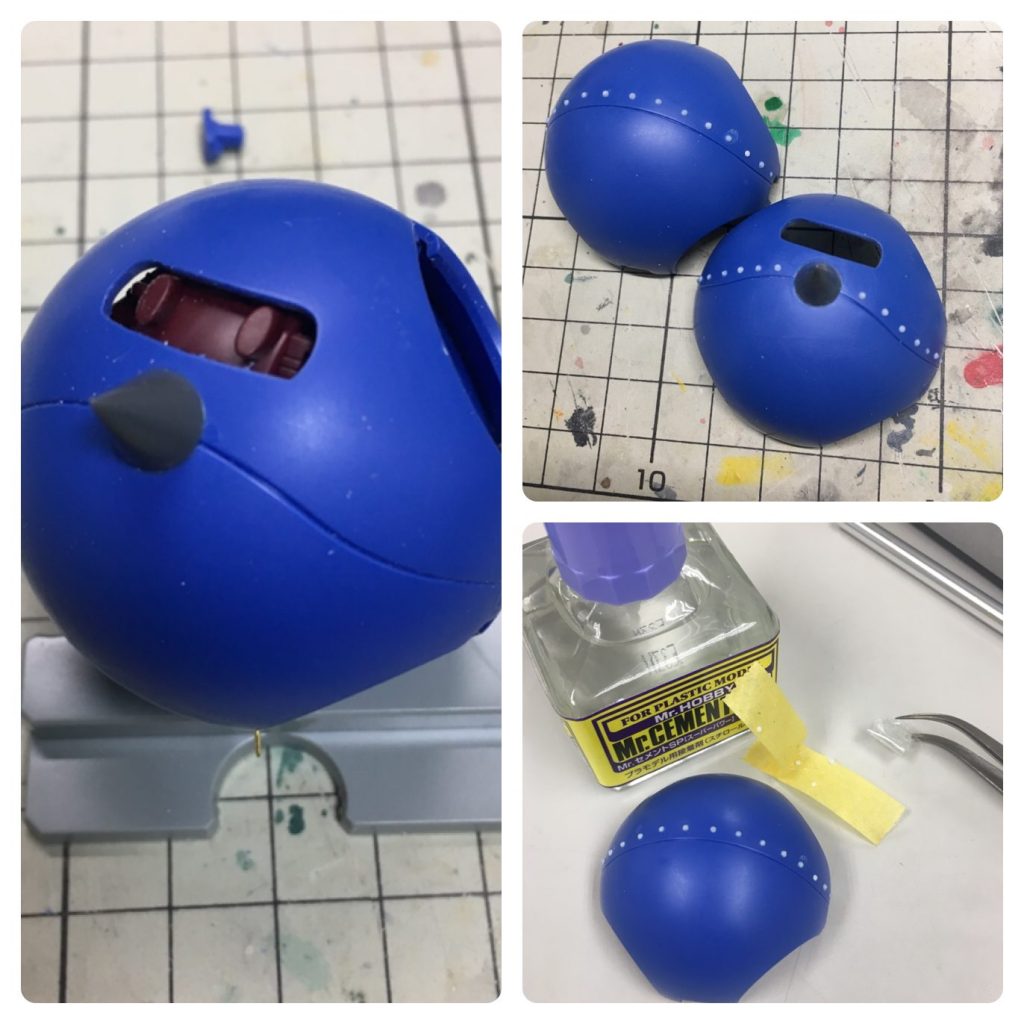 鼻はコトブキヤのスパイクです。先程のリベットと併せてMr.セメントSPで溶かしすぎないように接着しました
