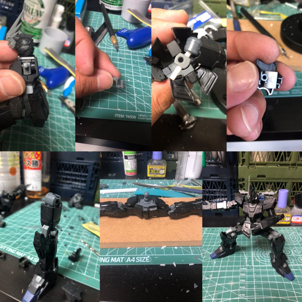 ポージングのための可動改修。
肩、後方に可動させるために肩の後ろ側くり抜いたりジョイントの干渉部を削ったり、左側だけ首の下内側を切り落としたり。デザインを破綻させればもっと後ろ側に動かすことも出来ます。それは嫌なのでここまでにしました。
股関節、脚側の接続を切り落とし大腿内部
をリューターで削り落としました。膝関節との接続がポリキャップでしたが短くて接続がうまくいかなかっので、プラ棒からジョイントを自作しました。
足と腰のジョイントはダブルオースカイを少し加工したもの。
腰側もボールジョイント落としてプラ棒に変更。これで躍動感出たのではないかと思います。