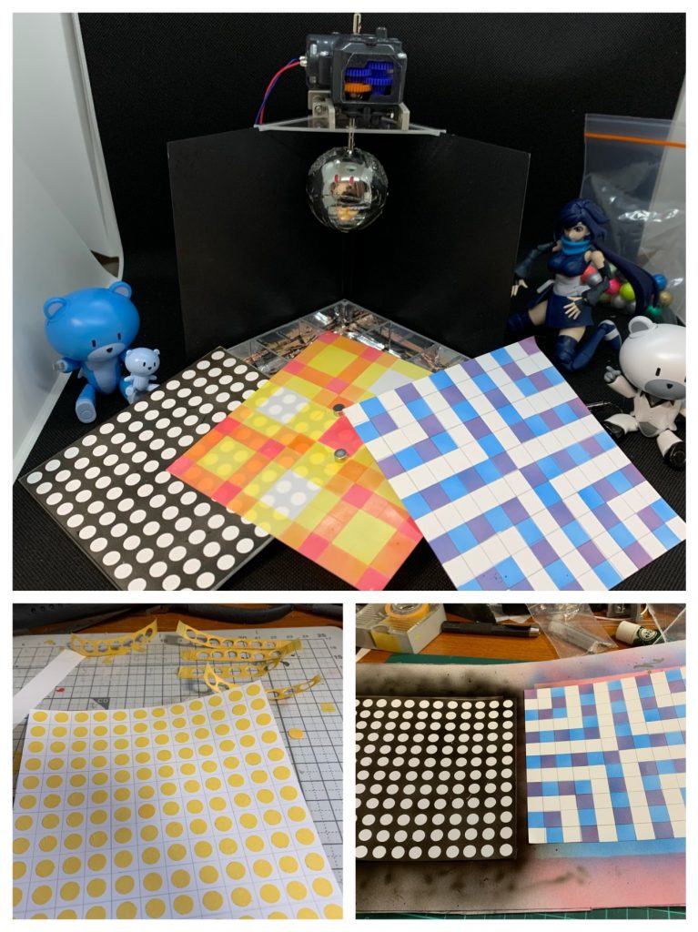 暖色系と寒色系の二つを用意して、色パターンの差し替えを可能にしています。
なお、暖色の方はの0.3mmプラ板、寒色の方は0.1mmのプラプーパーで、両方白なんですが、どうも厚みがある0.3mmの方が透明度は高かったみたいです。そのせいか寒色の方が透かした時の色が薄い…😓
（むしろ透明プラ板を使えばよかったのでは🤔）