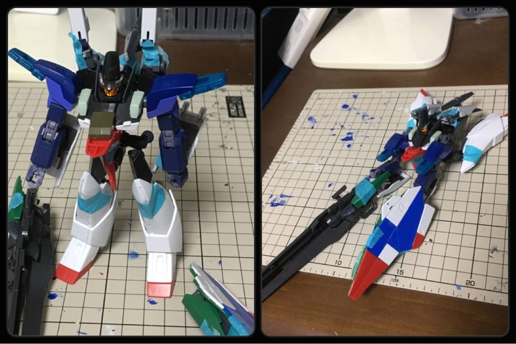 当初はビギニングガンダムの盾だけが空母甲板代わりでしたが、横から見るとくの字になってたり空母の甲板にするには何だかイメージと違う。そこでフェニーチェリターシナの主翼の長いパーツを２枚横貼りさせた状態で下地にして、部分的に割ったビギニング盾をテトリスして空母っぽい感じにしました。オマケにフェニーチェの足の甲がフラッグの胴体の前に無改造でハマってくれたので、砲塔を載せられるようになりました。