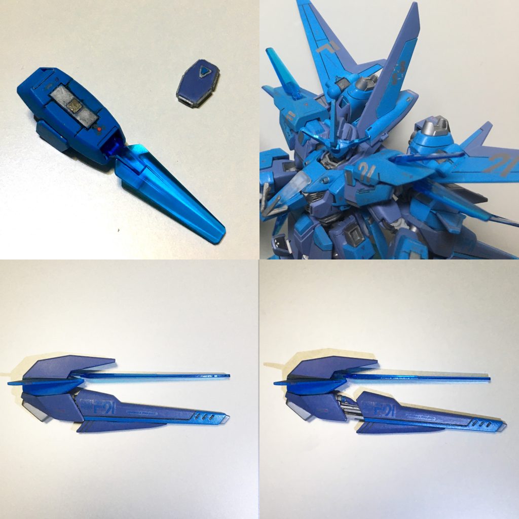 ・ビームシールド・ファンネル2基
F91のビームシールドをファンネルとして磁石をつけて着脱可能した。もちろんそのまま本機についたままでシールド展開可能。F91の要素をもっと強くしたかったので装着できるようにした。設定としては攻撃にも転用は可能だが後押し用というか基本、防御用のつもり


・V.S.B.R・ブースター　2門
F91のV.S.B.Rを改造して取り付けられて、オリジナルのV.S.B.Rのように開閉展開できるようになっている。はじめは、V.S.B.Rはとりつけるつもりはなかったが斜めになる部分ぴったりハマったので採用


今回初めてデカール貼りに挑戦しました。角度的にデカールは見えづらかったりしているが頭部の後ろの羽の部分に細かくSSとつけたのはささやかなこだわりポイント