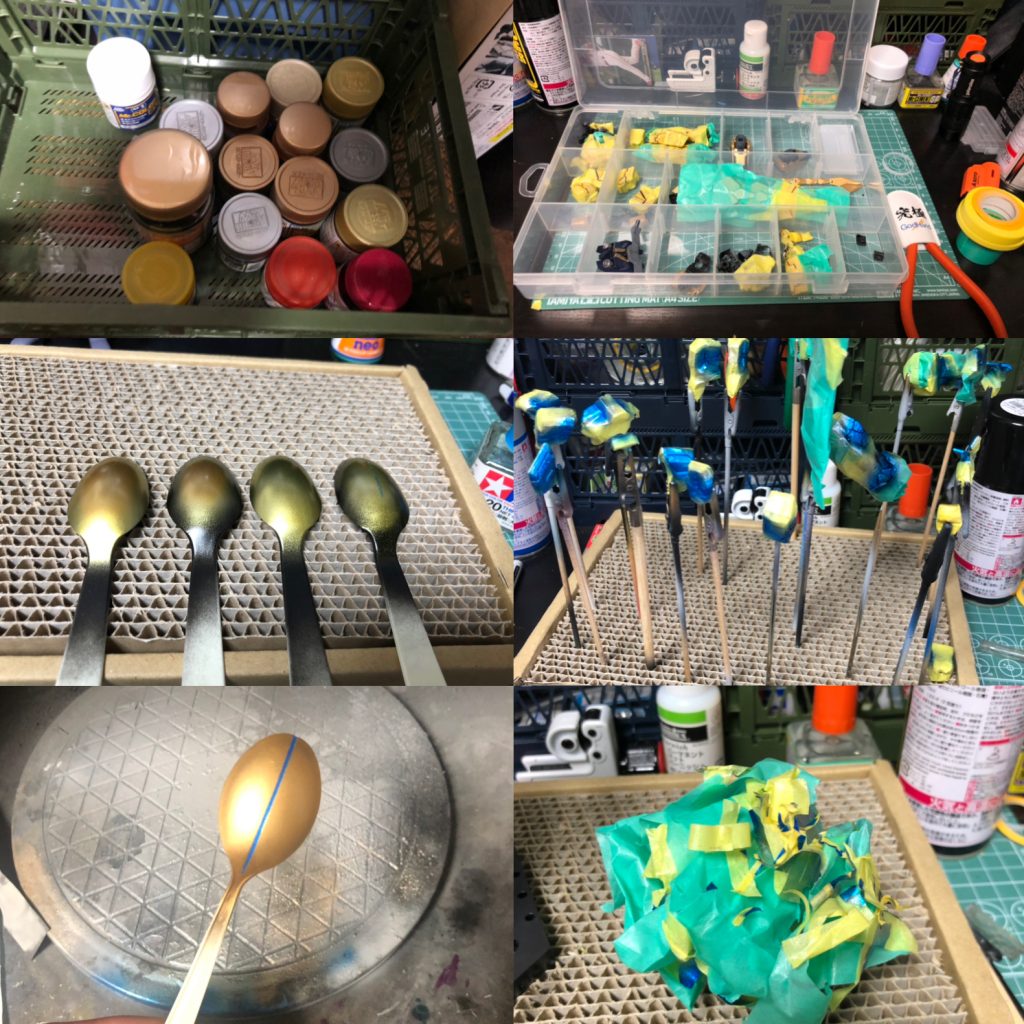 色決め。
日々テストを繰り返しました。ゴールド系を買い込んで溶剤、下地その組み合わせを変えながら何パターンも試して決めました。最終的にシルバー下地でMr.カラーのゴールドにしました。戦隊ヒーローの追加戦士のようなゴールドを目指しました。
マスキング。
青い漏れ出す光を塗装するため3日に渡ってひたすらマスキング。
エナメル塗料を筆塗りしようと準備してましたが、思ったよりパーツがボロボロだったので間違いない方法を選択。
モールドにそってキャンディブルーにしました。マーカーで下書きしたらこれでもいいのではと思いましたが妥協しなくてよかったです。
塗装が目立つように少しはみ出すようにマスキングしたり、出来るところはライン太めの段落ち作ったりしました。
失敗したくなかったんで圧弱めの細吹きしました。テープ剥がす時は心臓バクバクです(;´д`)
ちょいはみ出したところがあったのでゴールドでドライブラシかけて修正。ほんのちょいね…。