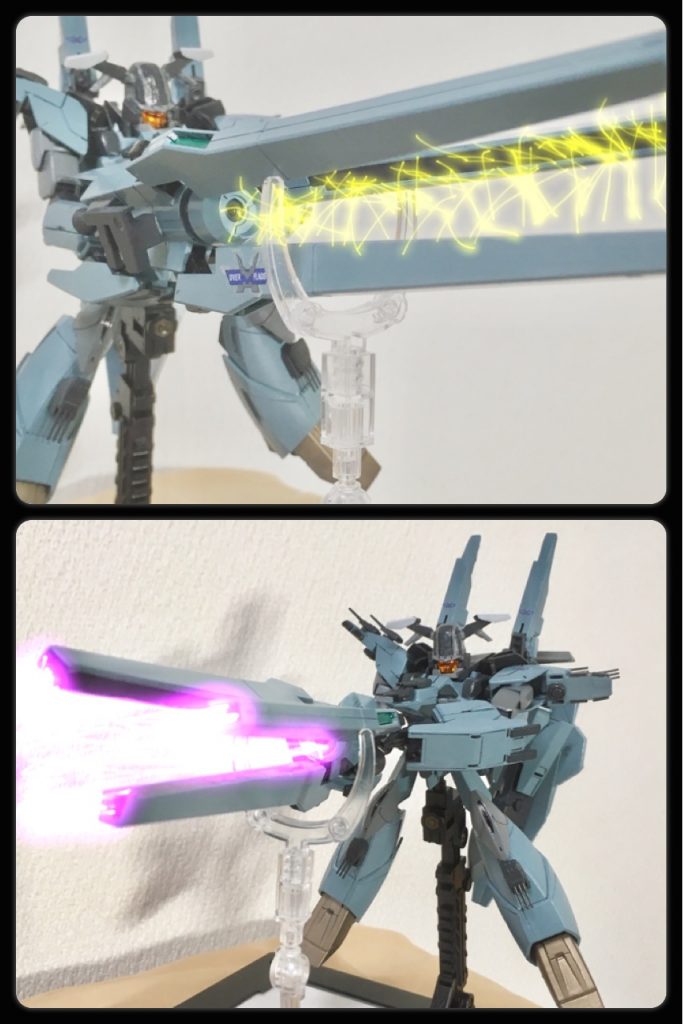 〔グラハムキャノン〕3連装ガトリング式重量子反応砲は、まさしくガデッサのGNランチャーがそのまんまのギミックでした。いささか本体よりも長いですが、これはギミック優先で仕方ないです。