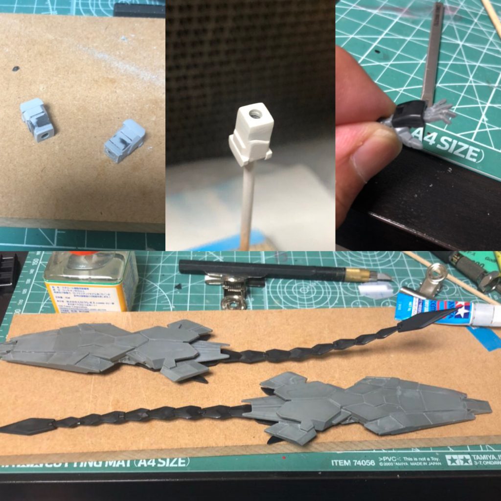 足が勝手に長くなったので、首腰1ミリ腕2ミリ延長。なんかうまくいかず、腕は両方あわせて5回程やり直し。
指先、スタビライザーを力技で形状変更。
折れる折れる。