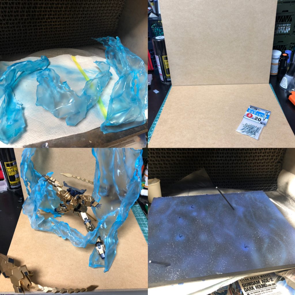 エフェクトは流れを意識して造形が細くならないように。大小合わせて7個のパーツから出来てます。小さいのはベースとの接続軸を隠すために使用してます。
色づけは主に蛍光ブルー。吹きまくってもあまり色が乗らないのであらかじめエッジや内側のクシャっとしたとこにホワイトを吹いてややアニメっぽい感じにして流れを強調したつもりです。画像だと伝わりづらい…
アームドアーマーは全体を少し大きく見せるためわざとはみ出すように配置。
土台に真鍮線とか刺して宇宙塗装。真鍮線は色的にも目立つのでプライマー吹いてまとめて塗装してます。