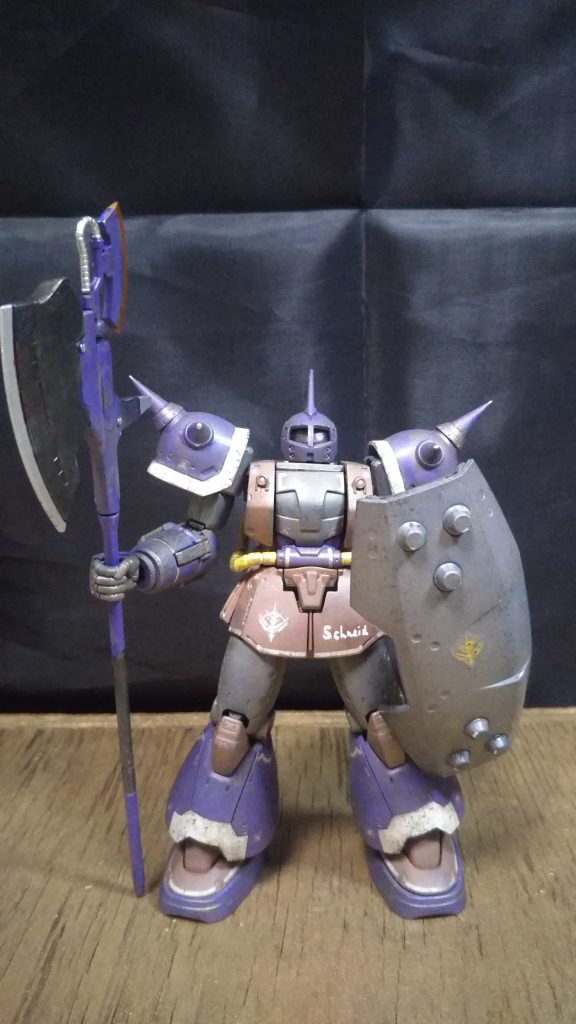 正面。体に対して大きな獲物と盾！