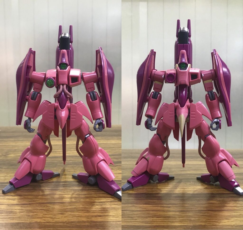 左が素組み、右が加工途中です。この時点で胸部が素組みより前に突き出してます。