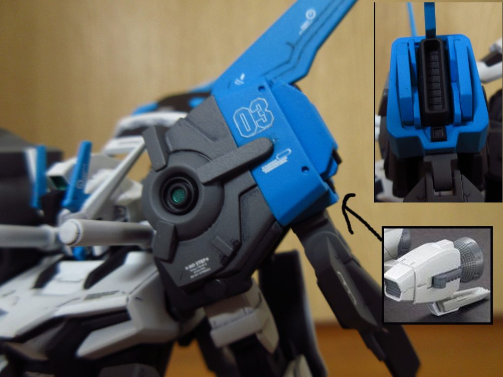 肩はプラ棒・プラ板で形を作り、ブースターの土台はメガライドランチャーを使用しました。
設定画だと推進機器として物足りないと感じたのでバーニアを追加。