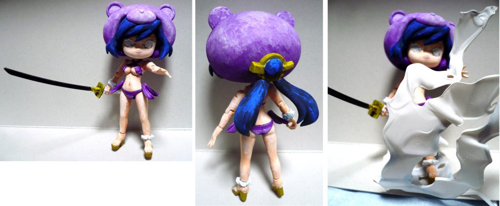 全く撮影していなかった製作途中の画像です。
左・中央は7割くらい塗り終えた状態。
右はエフェクト用に加工した透明プラ板を
白ラッカースプレー塗装した状態です。
大雨の降るときにベランダで噴いたら…表面が見事に梨地になりました…
僕の場合はここから筆塗り・厚塗りするので気にしませんが
皆様は決して真似しないようお願い致します。
ぷちりっつのボディは同じバンダイ製ですし
巧く取り付けられないかな~と思っておりましたが
無加工で首のジョイントがプチッガイ頭部にハマります。シンデレラフィット!
サイズ的にも丁度良いディフォルメ感ではないでしょうか?
最後までご覧いただきありがとうございました。