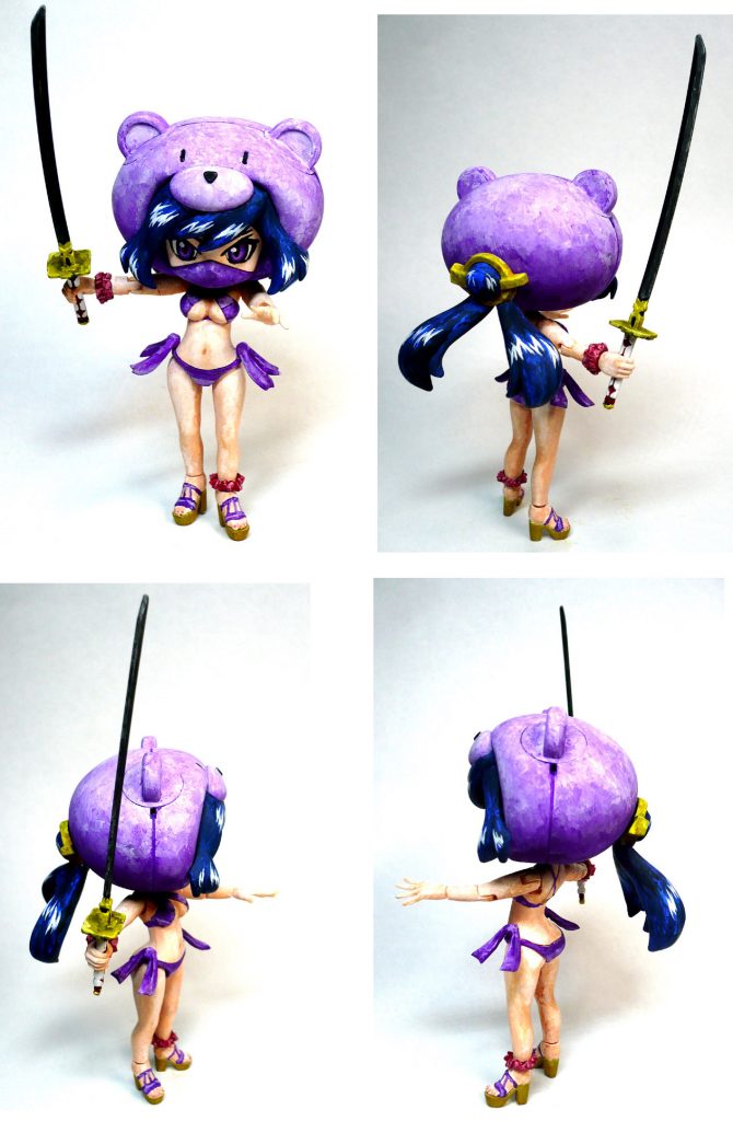 各方向からの画像。
プチッガイの頭部、水着部分はアヤメのイメージカラーの紫で、
右手首、左足首のシュシュはアヤメの赤いスカーフカラーにしました。
水着は濃い・淡い紫のボーダー柄にしましたが…
ボカシ塗装も行っているのであまり境界が分からないですねぇ。
プチッガイの頭部も塗り分けしても紫単色になってしまいましたし…
ガーベラストレートは最初日本刀の波紋を入れようとしましたが
下地の黒を塗ったらカッコよく見えたので
刃側にグレーでドライブラシで軽く仕上げて終わりとしました。