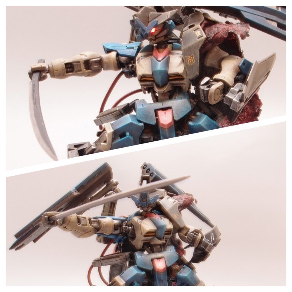 「BLOW AWAY!」ブースターダッシュから溜め込んだ反発力を開放することで放つ加速閃刃。一撃必殺の威力だがフレーム、パイロット、刀身への負荷が凄まじく多用はできない。