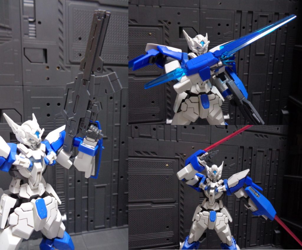 通常武装

①GNバトルライフル
　連射性能を犠牲に一撃の威力を高めたGNビームライフル。

②GNソードビット
　無線誘導端末による遠隔操作兵装。
　ショート3基、ロング1基を装備する。
　右腕のGNガントレットに装着することで手持ちの斬撃武器として使用可能。

③GNビームサーベル
　GNドライブ搭載機の標準装備。
　右腕のGNガントレットと左腕のGNバックラーの先端から発振する。