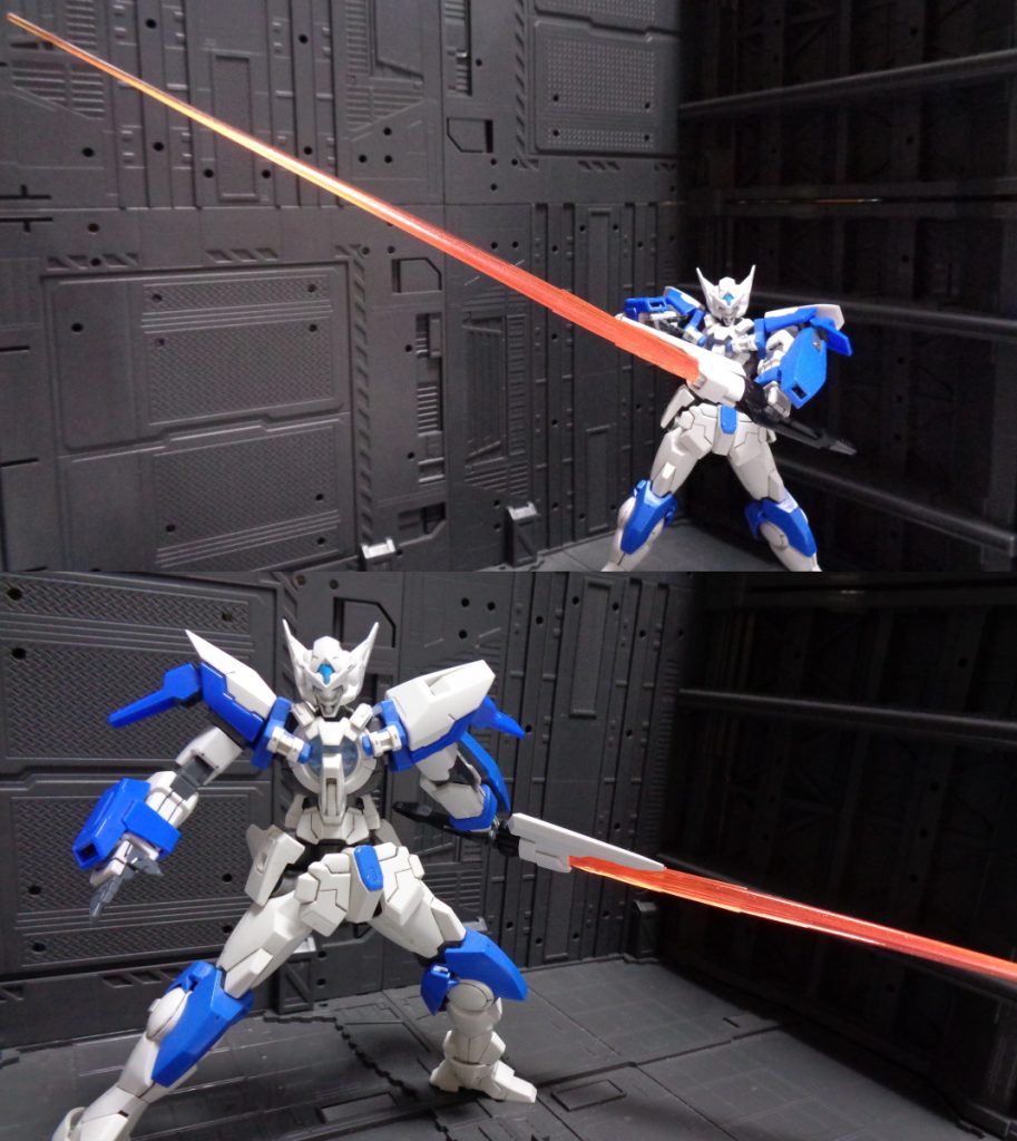 特殊装備「ハーフライザーソード」

GNコンデンサーを内蔵した大型の柄から発振する巨大なGNビームソード。
00ガンダムのライザーソードの50％程度の出力だが、
トランザムを起動しなくても使用可能である。