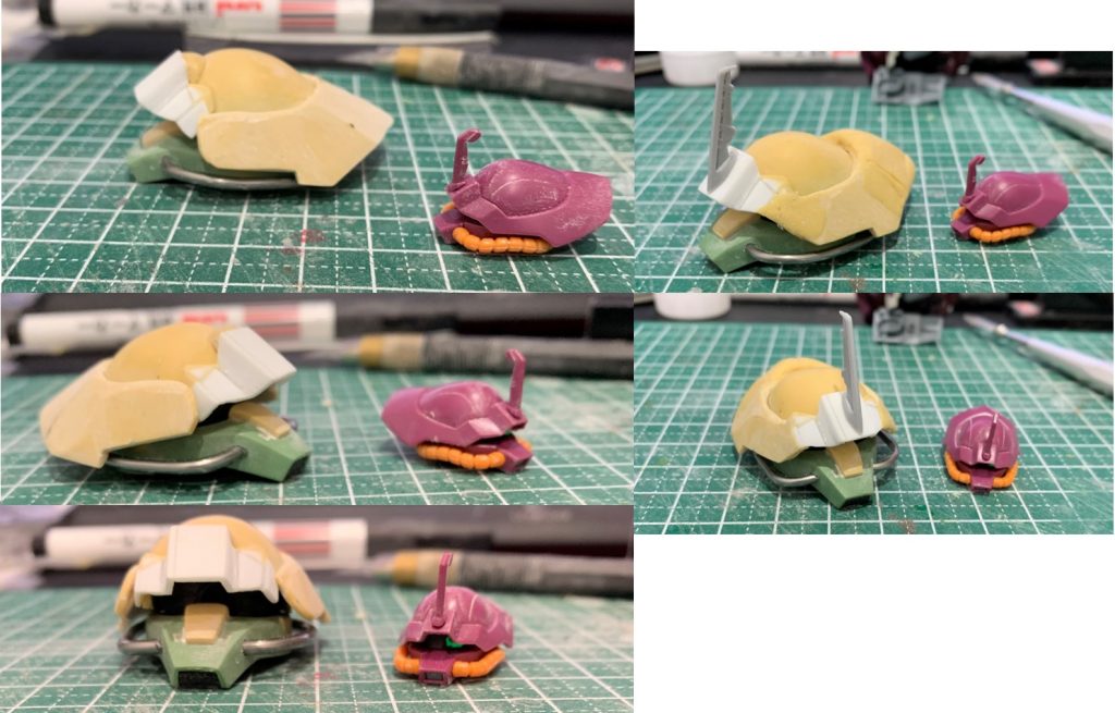 SDCSのザクの頭の形状をパテで強引に変え、パイプを切り落としました。
この時は形を出すため試行錯誤しながら盛りなおしたりしています