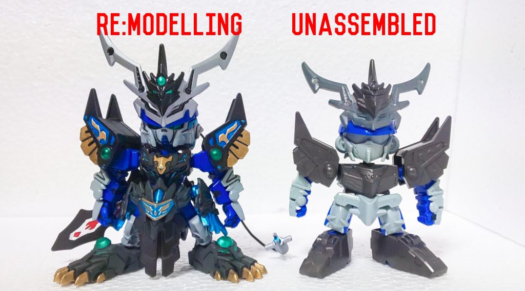 ◯比較先ずは元キットとの比較。
・胴孫策アストレイの色変更。青のクリアパーツは裏からメタリックブルー。
・腕肩はそのまま戦国アストレイに楽進の鎧。腕鎧は楽進、破牙丸の左手(トケトゲしてる方)を選択して戦国の上から装着。中のピンを削ったらそのまま入りました
・腰孫権ベース。サイドのクリアパーツはメタリックブルーで塗りつぶし。ふんどしのクリアパーツには【孫】とデカデカとあるので戦国のサブアームを切断して装着。可動します。ついでに楽進の胸パーツを張り付けてます。後ろ腰アーマーは孫策で、両端を切断して可動を確保してます。
・足太股~脛はそのまま孫策。靴は戦国アストレイのものを切断し、前半分を破牙丸の靴をパテで固定。三国創傑伝の足が小さいバランスが個人的には気になるのでここを変更しました。