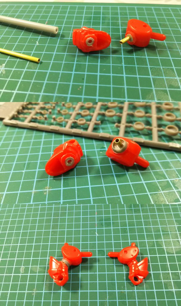 腕パーツを肘で切断し、断面にプラパイプを接着。
真鍮パイプを関節軸とし、加工部を円形バーニアパーツで覆ってかんたん肘ロール軸追加改造の完成です。