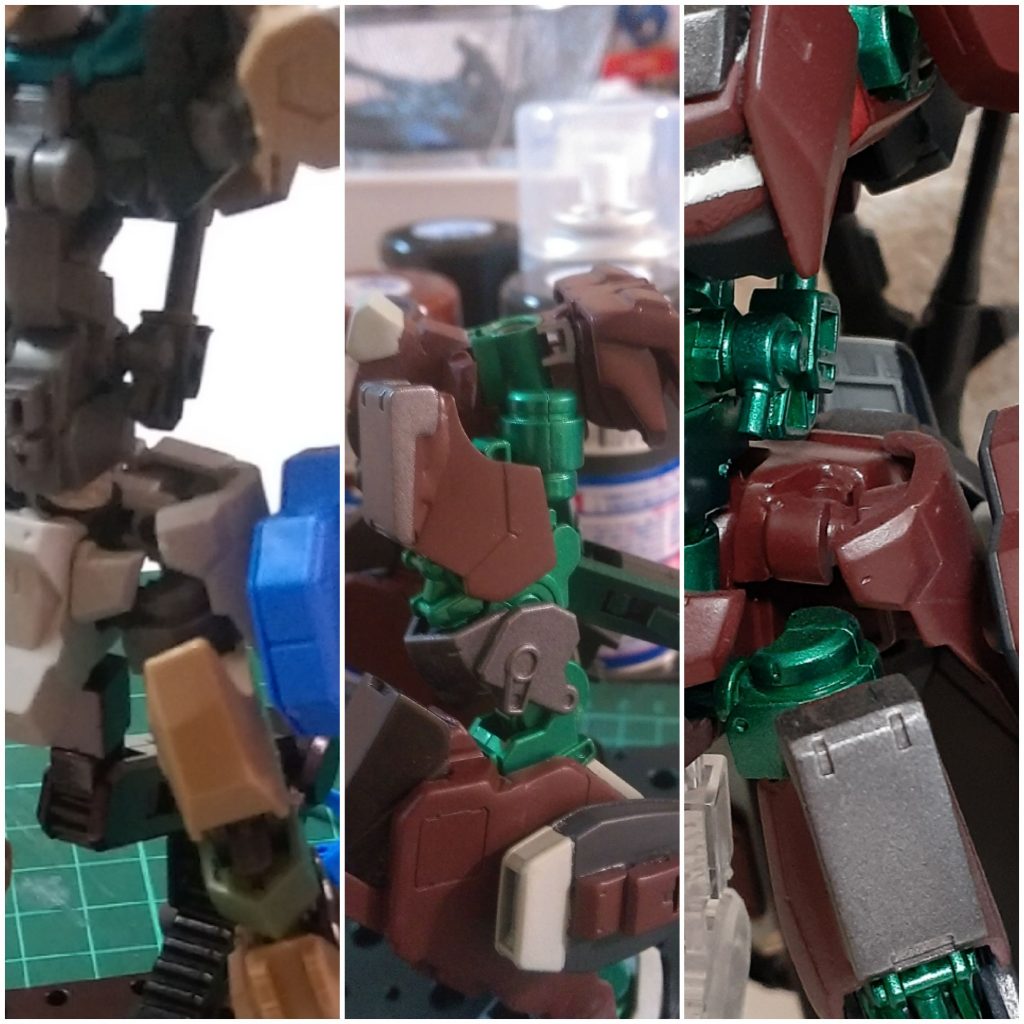 形が決まって来た頃に、サイドスカートの付ける部位が折れてしまったので、付け根をそっくり切断して、ボールジョイントを埋め込んでいます。可動域と強度の解決ができました。