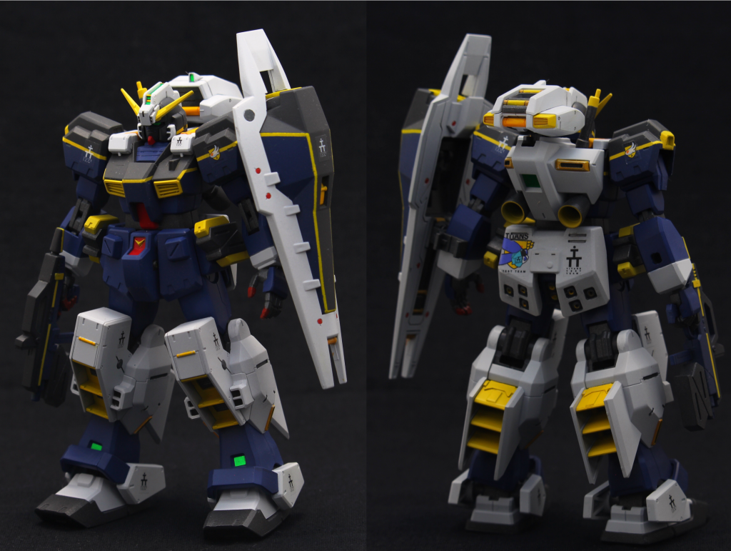 まずは通常形態。
胴体と腰は2号機、頭手足バックパックはヘイズル改から持ってきています。
マーキングは家のマウンテンサイクルで発掘したアドバンスド・ヘイズルのマーキングシールを使用。
研ぎ出しってやつに挑戦してみたのですがむずい。