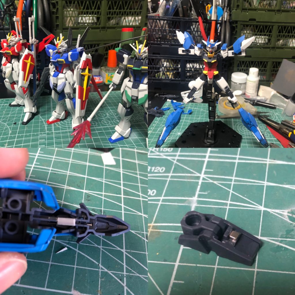 ボツ案と製作。
案その①
インパルスミキシング。用途、色が同じだと思ったけど私の技術的に不可能。
案その②
合体中。戻せるように細めの真鍮線を使用。…なんか望んだものと違うと思った。だってかっこ悪くない?これ。
案その③ 採用案
仕事中に湧いてきた組み替え第3形態。アースリィだと思うから出来なくて、コアガンダムなら…といったことから。
支援機前側にライフルとの接続作製。
プラ板貼って固定、隙間に差し込むだけ。
あと、パーツ接続 はネオジム埋め込んでるところあります。
つま先は埋め込む順番間違えて足首関節を後ハメしてます。
大腿裏側に肩アーマー付いてますけど、ここは段落ち掘って接続してます。
以上です。
子供のブロック遊びみたいな感じでした。
ミキシング苦手なのでこんなのもありかなーと思います。
最後までご覧いただきありがとうございますm(_ _)m
よろしければ過去作品も見ていただけると嬉しいです(☆∀☆)