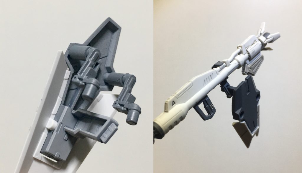 V.S.B.Rはコアガンダムのビームソードの部分を外して接続してます。V.S.B.R本体はサポートメカの前部分に。接続パーツはサポートメカに接続しているシールド部分裏面に。
F91にはビーム・ランチャーのマウントするパーツがあってコアガンダムシールドはそこにマウントができます