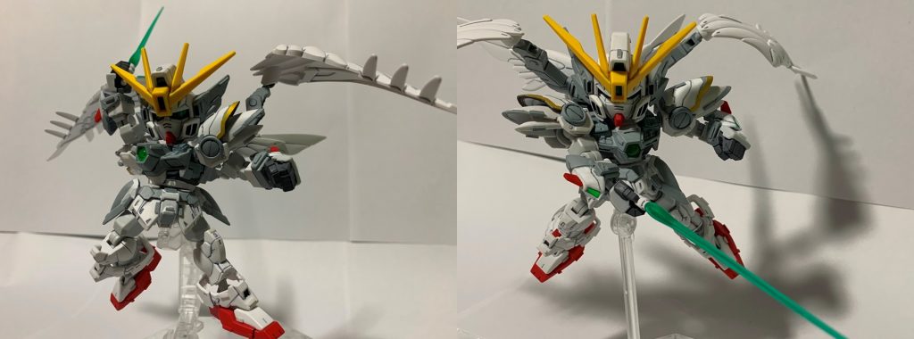 楽曲「突撃」アクションポーズビームサーベルがついてないのでＨＧＡＣウイングガンダムゼロのビームサーベルを装備させました。長めのビームサーベルを持った姿が似合いますね！