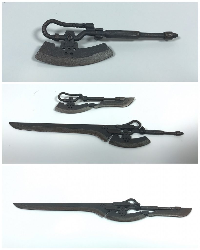 60式ヒート・ブレードアタッチメント
ヒートホーク専用のブレード型のアタッチメントで長剣型がA型で短剣型がB型と呼ばれており、同時に装着することも可能。
ヒートホークと同様の加熱機構が備わっている。
(この場を借りまして改めて。ヒートホーク用のアタッチメントをデザインをされた、ろこまりゅさんへ、快く製作することを許可していただき、ありがとうございました。)