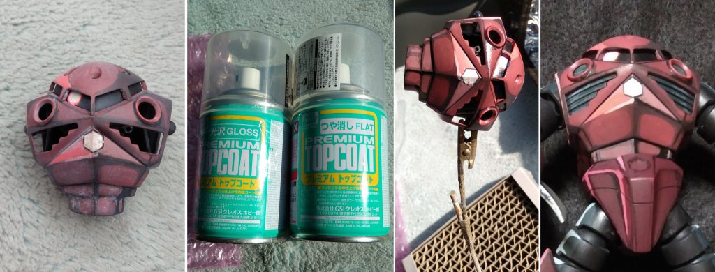 大失敗!!
つや消しトップコート失敗(左)→光沢を吹き、復活→再度つや消しで仕上げ。