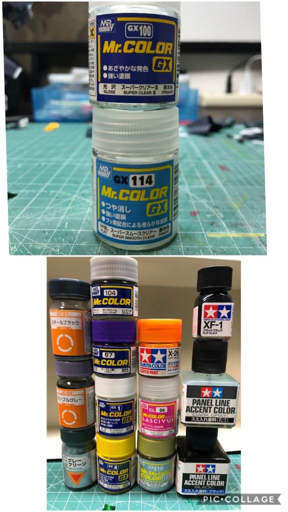 使った塗料です。
濃紫はパープルに白を足しましたが、他はそのまま使いました。
