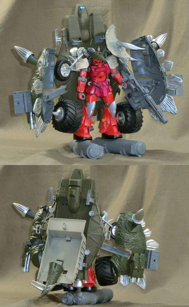 グフ・ヴィクトラベラー。V-ジャバーの推力ベクトルを分散しグフ・トラベラーに装着することで空間戦闘能力を付加する。V-ジャバーのミサイルやヒートカッターも引き続き使用可能。