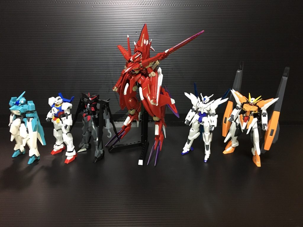 改造に使った機体の方々
つま先からコア・ファイターの先端までで丁度AGE-1の倍はあります。