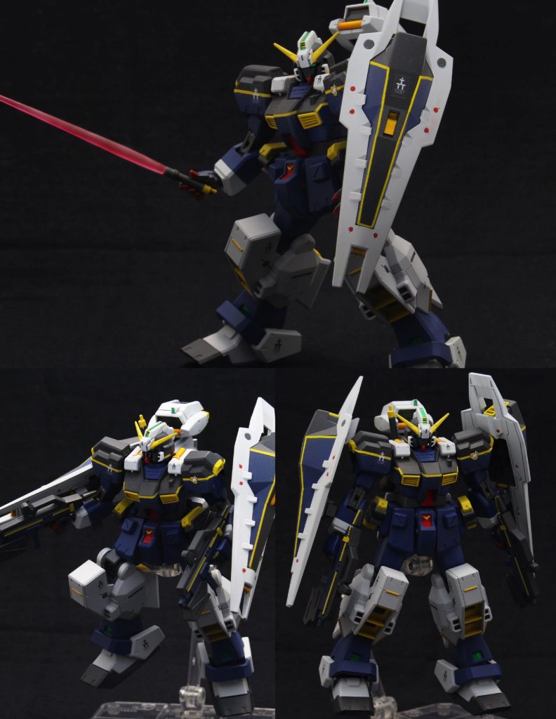 この状態でブンドド。
後で紹介しますがシールドブースターはたくさん作ったので作中で活躍した盾2枚の形態も再現できます。
指先やシールドの細かいワンポイントはシタデルカラーやエナメルで筆塗りしました。
シタデルカラー初体験、超便利。