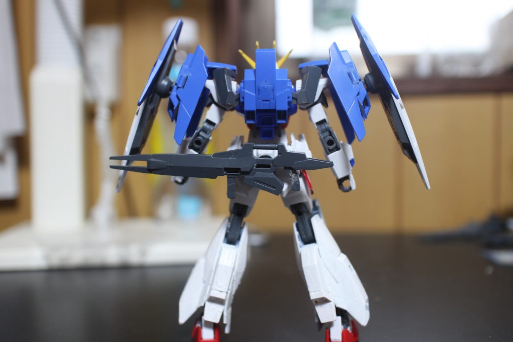 背面から　バックパックはダブルオースカイです。