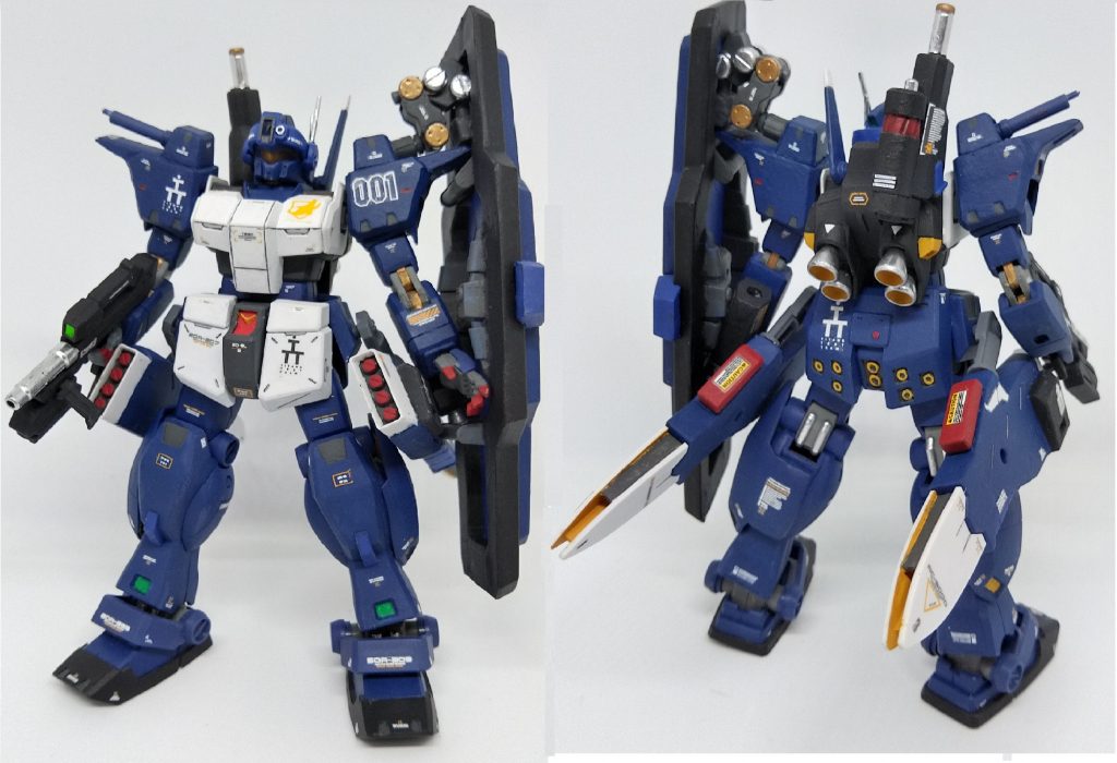 クゥエルガードカスタム全体図です。チョバムアーマーは過去の雑誌付録の物です。バックパックと腰部のミサイルブースターはビームマスターの余りパーツから作成。