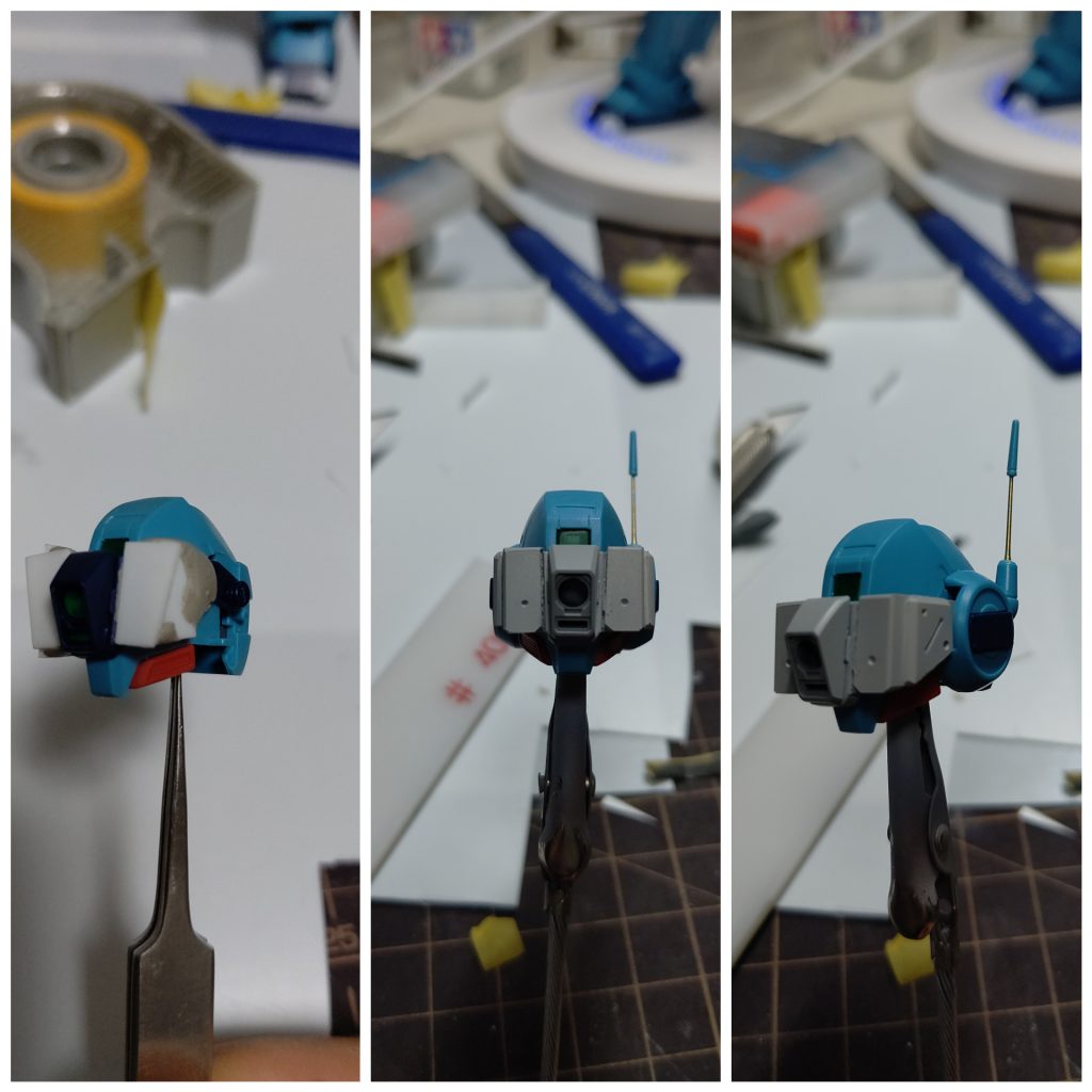 バイザー改修画像。プラ板の箱組で製作しています。