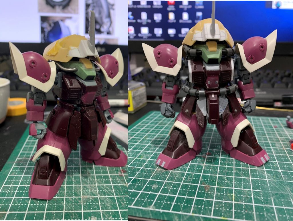 左は大まかなバランスチェック
ふんどしあたりがやや長くなっているのでカット。
胴体の幅増し、最低限のディティールアップをしています。