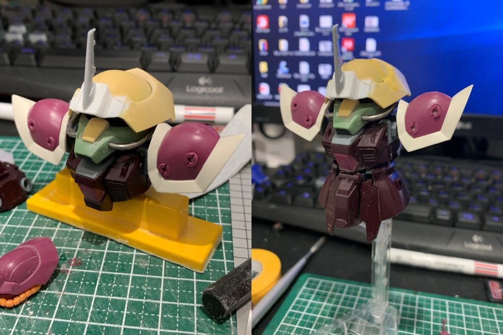 とりあえずバランスを見るため頭部を胴体に設置
やや頭部が後ろすぎるので、数ミリ前方へ変更してあります。
HGの胴体がどうしても細くなるのでこの後幅増しをしていきます。
胴体はコクピット下あたりでカットし、短縮を行ってます