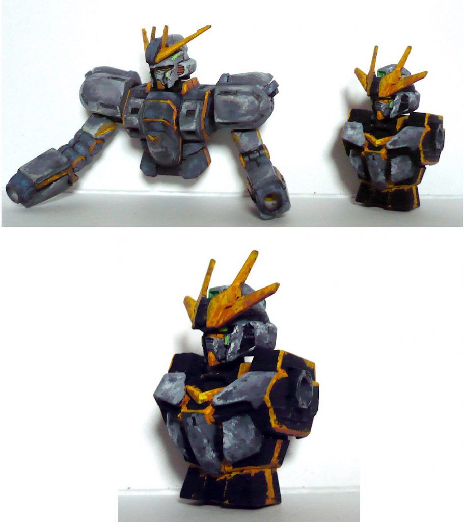 画像が全然ありませんでしたが塗装途中がコチラです。左は見本。
アクリルガッシュを使用して
かなり強引にアトラスガンダムのカラーパターンに塗っています。

（色々な意味で）作品をご覧いただきありがとうございました。