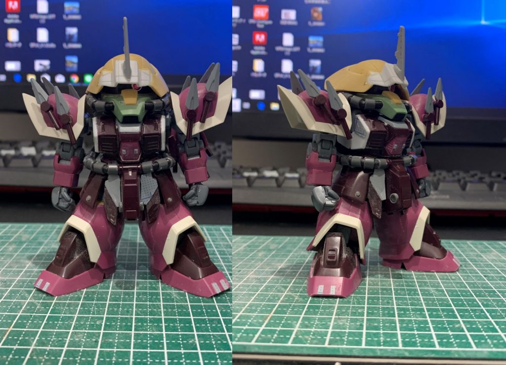 武器類を付けてパイプを動力パイプを設置
手を多分HGのジャンク品から拝借
このとき、モノアイは余っているメタルパーツからチョイスしましたが
ハイキューの物に変更したものが完成品です。