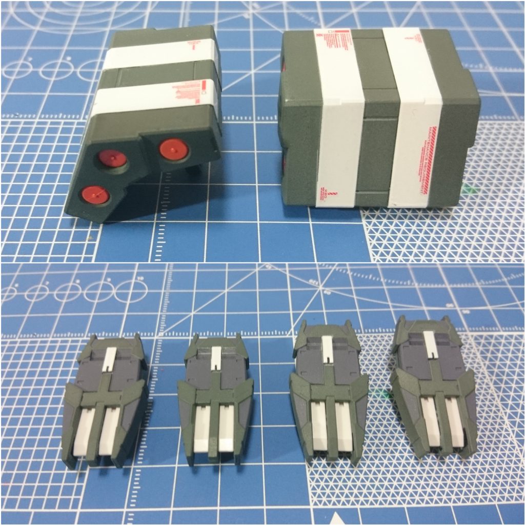 [ミサイルポッド、各部アーマー]
ジオングレーを基調にホワイトを部分塗装。
ミサイルはレッド→イエローと重ねて若干オレンジに。
アーマーはメカグレーで塗り分けました。