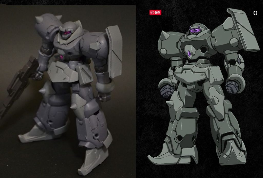 設定画との比較
カラーは原作より青っぽいグレーを目指していましたが、結局メカサフヘビーを使いました。