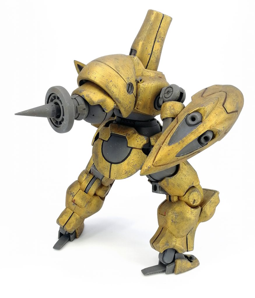 背負い物は重力子推進装置。
リング部に固定展開した重力子にコーン部から放射する重力子をぶつけた
反発力で瞬間加速し強力なセイケン突きを可能とする必殺装備枠。

ガーベラテトラの肩にリーオーの肩。
推進機部分が水平まで可動します。