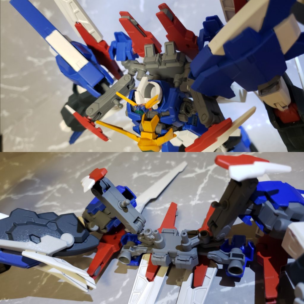 合体する上で課題となるのが可動性と耐久性の両立。色々試行錯誤した上でバトルアームアームズのジョイントパーツを使って挟みこむ形式にしてみました。