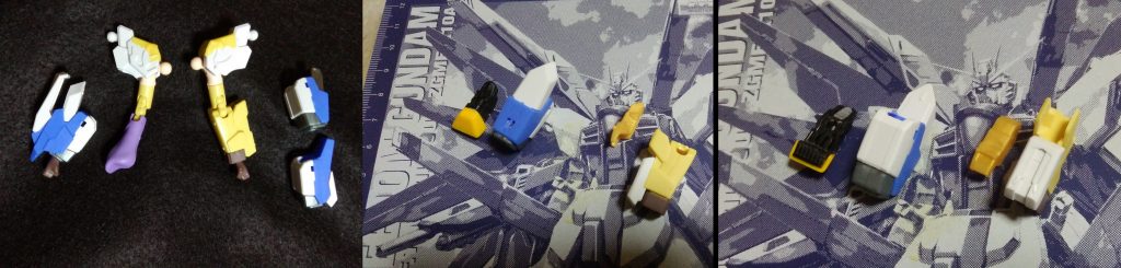 はじめは両腕とも、Hi-vガンダムヴレイブのつもりでしたが、最終的に片方だけになりました。
下腕部への接続はダイバーアヤメの余剰パーツ(紫色)。