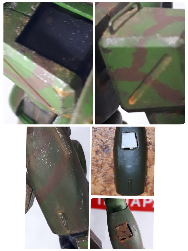 ②大きく開いていた肩も今回はプラ棒で埋めてパイプも追加してみました。
③プラ棒を貼りつけただけの腕も
今回は、ダメージを負って修復したけど、サビついてしまったイメージです。