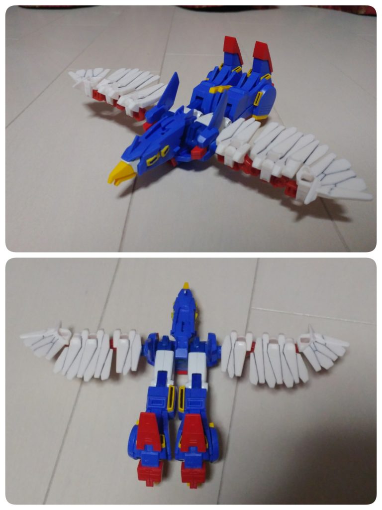 機体名:トライバード
ソラトライオンをコアベースの様に変形させ、足首をロボット形態と反対側にして取り付けて、アニマギアの鳥型メカのウィングパーツをくっ付けより鳥型らしくしました。