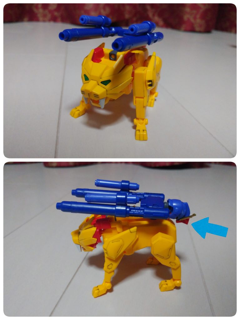 機体名:ランドトライオン
上部キャノンの向きを変え、後ろにロボット形態の頭をマウントする為に他のキットから首のボールジョイントを付けてます。