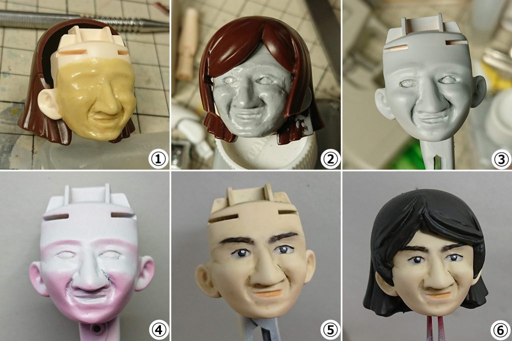 ちなみに顔の工程はこんな感じ．
反省はしているが後悔はしていない．

まずパテを盛ります(ｪ
①パテ盛り
②溶きパテ
③ヤスって綺麗に
④白サフ吹いた後に顎から上に向けてピンク色を吹きました(シャドウになります)
⑤肌色を吹いた後，ラッカークリア→エナメル筆塗りのコンボで一色ずつ塗っていきます
⑥完成
…誰！？